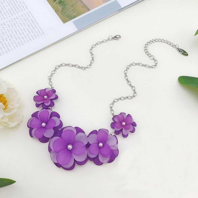 Bocar Flower Collar Necklace, Floral Flower Summer Beach Statement Choker Necklace and Earrings Set for Women, Handmade Women Jewelry Gift - Image 3
